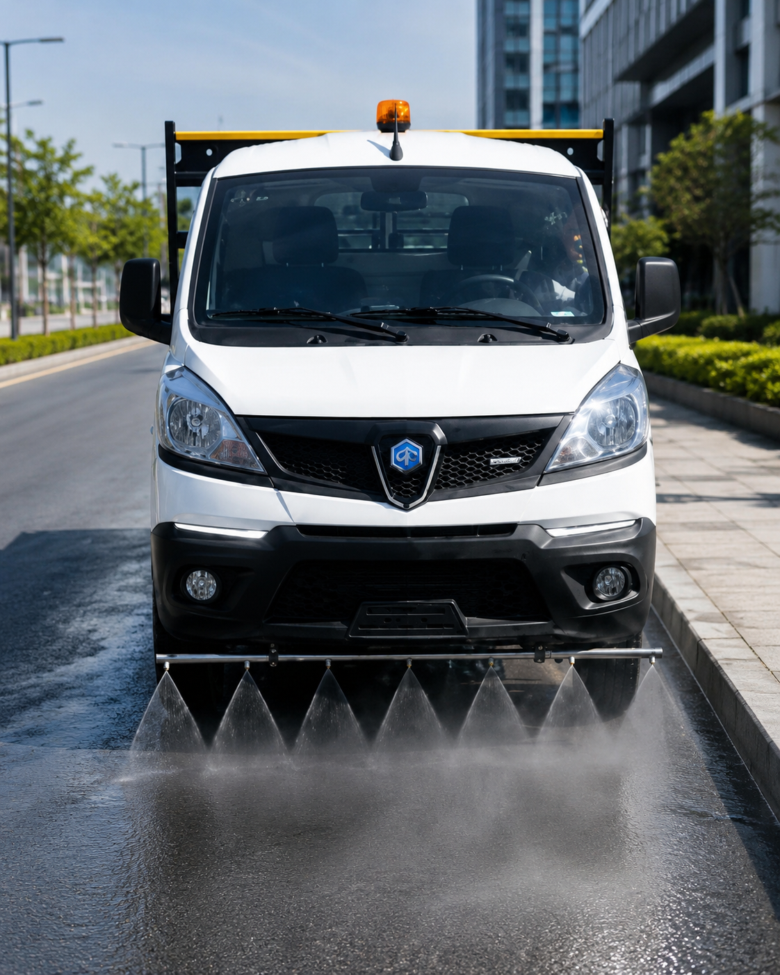 Veicolo elettrico Piaggio NPE con barra anteriore e ugelli attivi per la pulizia stradale