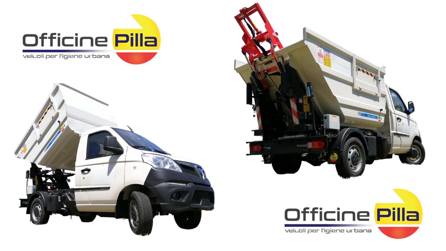 Due viste di una mini vasca ribaltabile Officine Pilla su Piaggio Porter NP6
