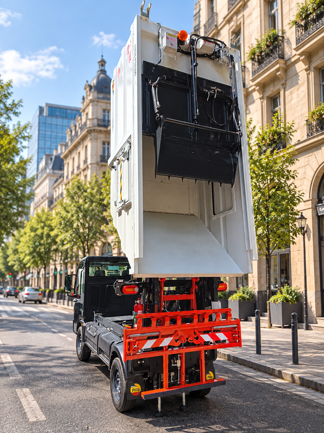 Minicostipatore Officine Pilla su veicolo elettrico, vista posteriore in città